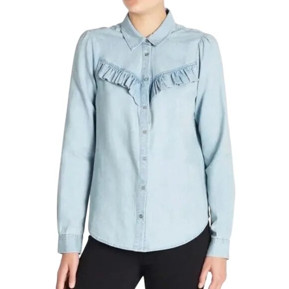 PAIGE Layda Blue Chambray Denim Ruffle Western Button Down Top - Picture 1 of 8